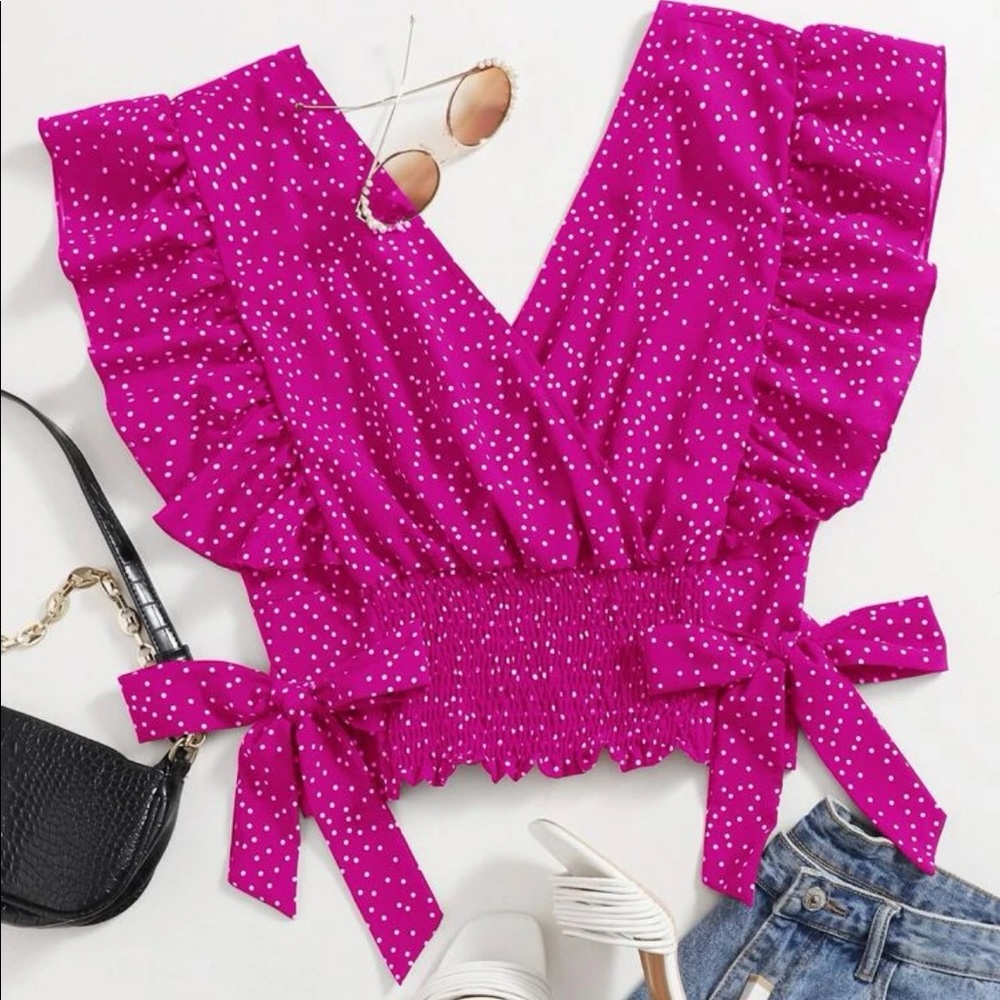 Pink Ruffle Trim Side Bow Polka Dot Top